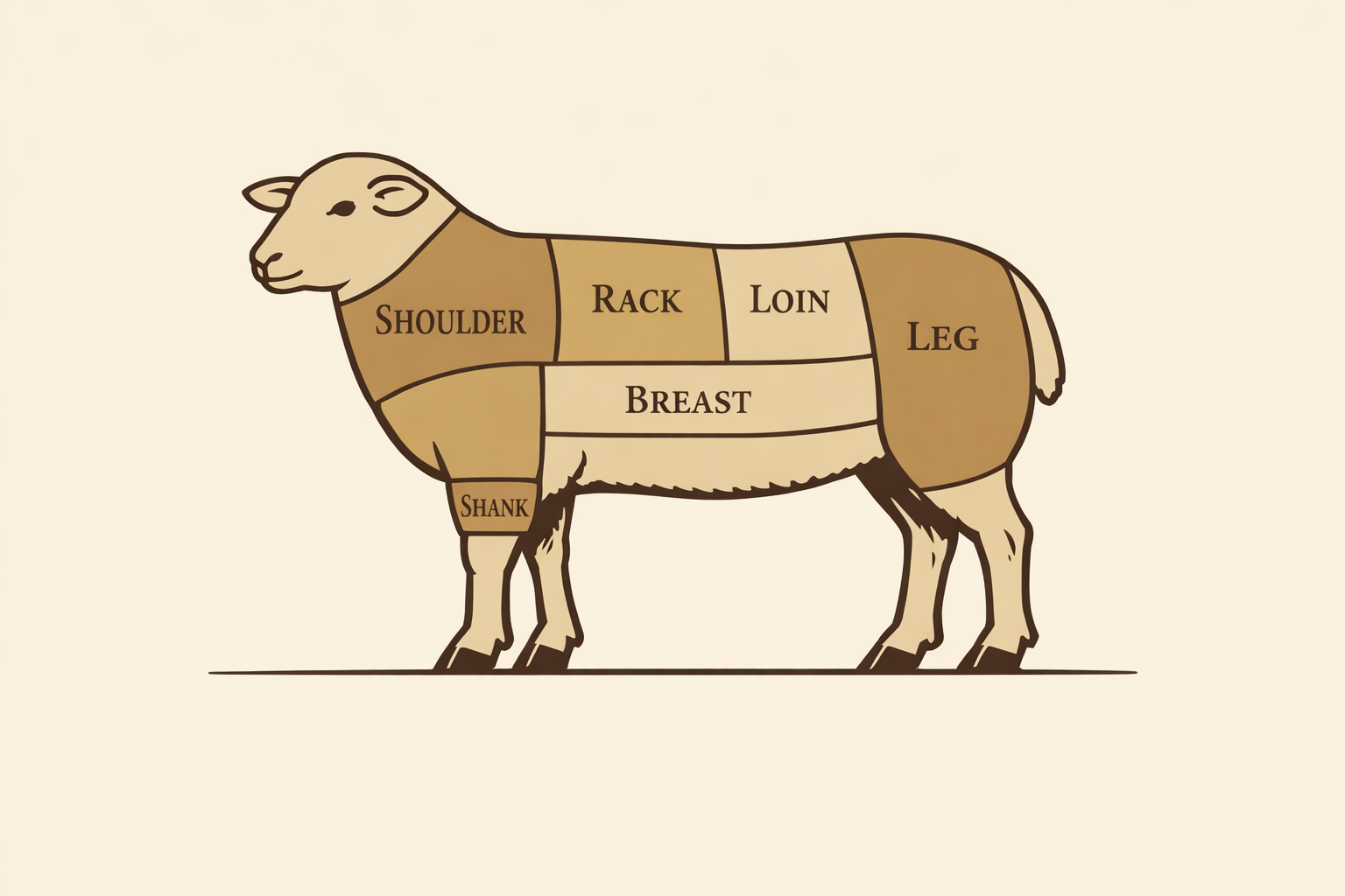 Lamb primal cuts diagram showing shoulder, rack, loin, leg, breast and shank