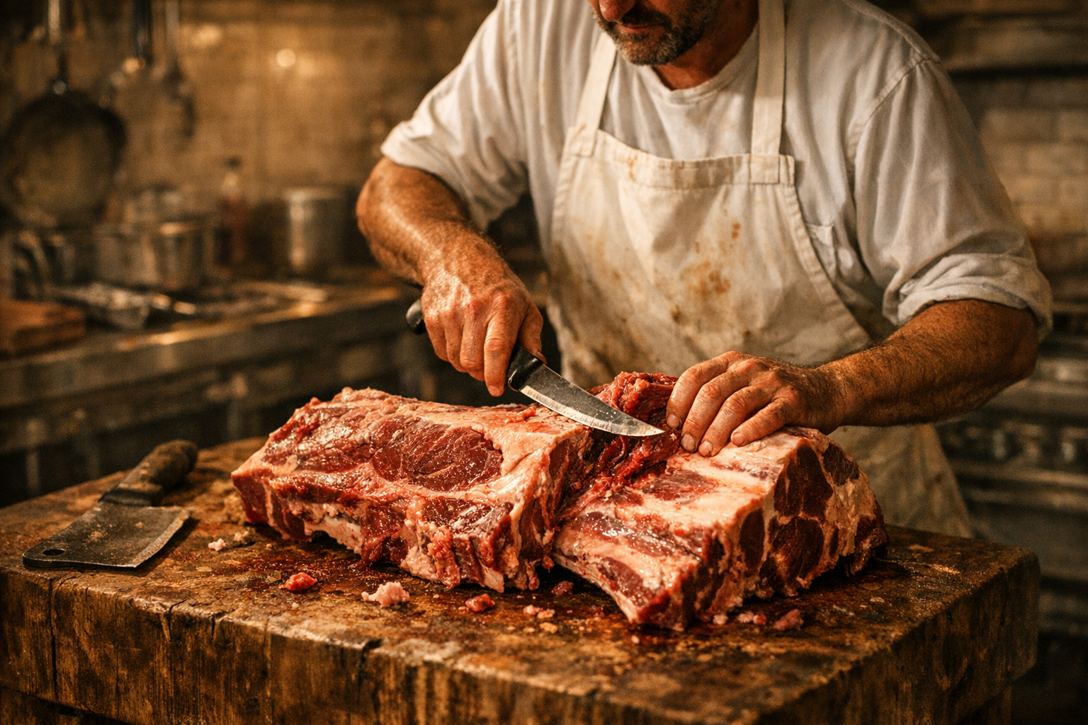 Chef breaking down a beef primal on a butcher block