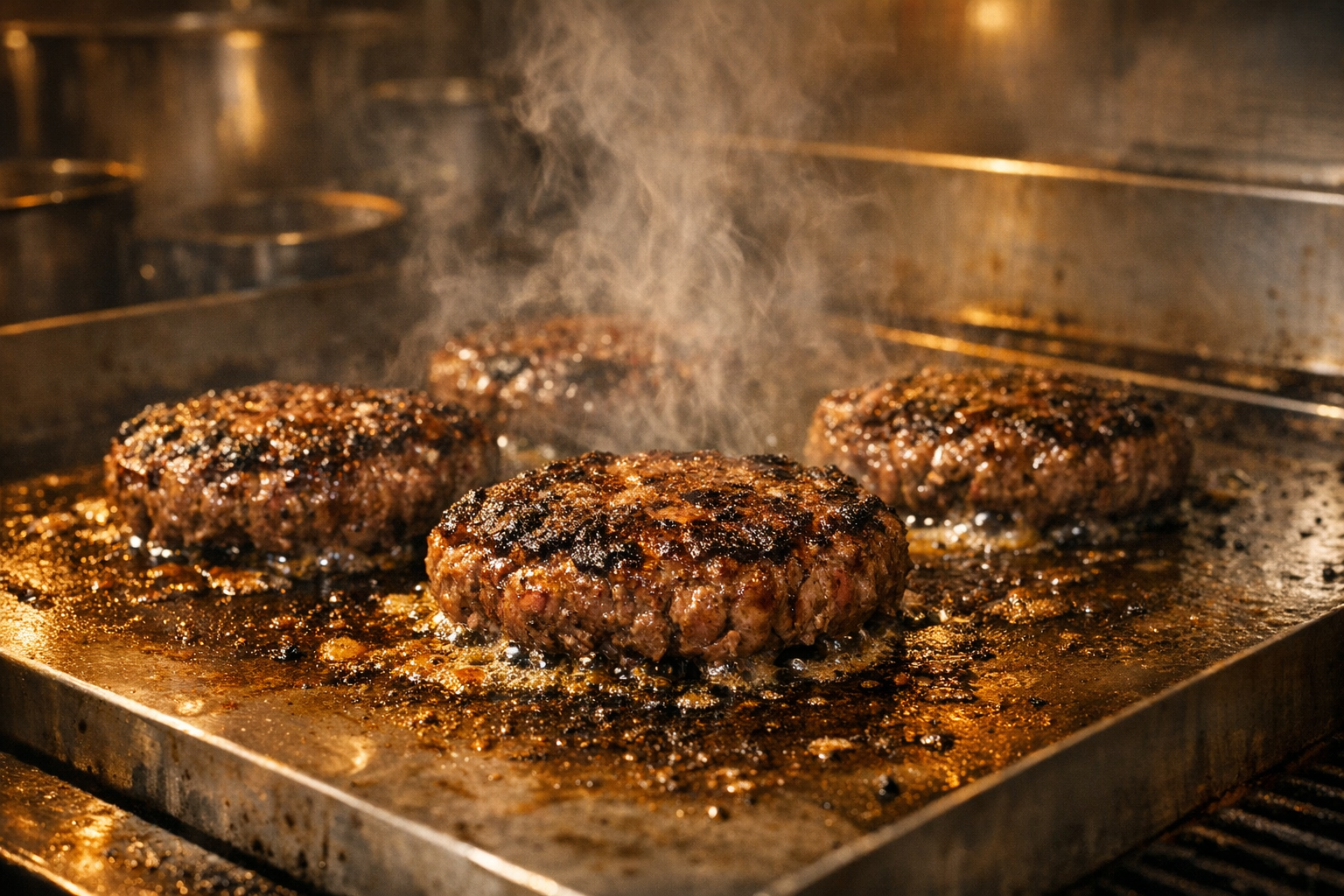 Beef patties frying on a flat-top griddle