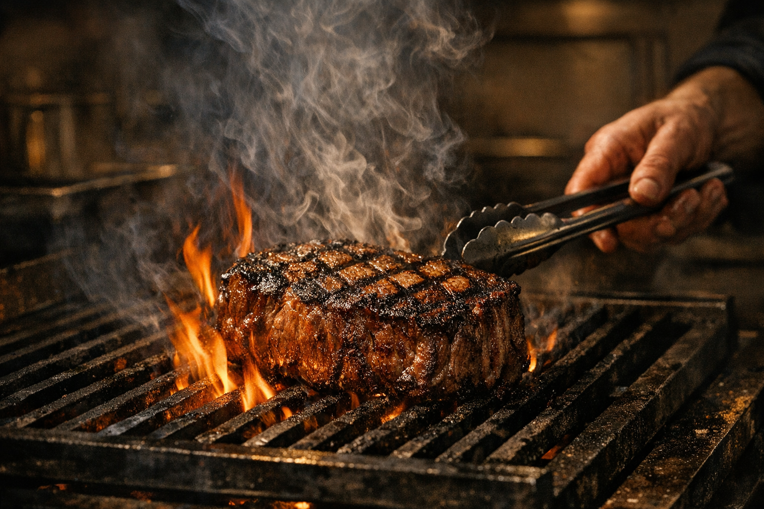 Steak grilling over open flame